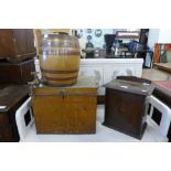 An Edward VII oak smokers cabinet, a stoneware barrel with tap and a tin trunk