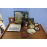 A pair of Georgian ebonised picture frames, a watercolour, a cased ambrotype, a small pen and ink