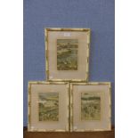Three Japanese wood block prints, 19 x 13cms, framed