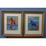 Sue McDonagh, studies of children playing in the sea, pastel, framed