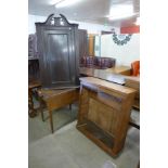 A George III oak Pembroke table, an oak hanging corner cupboard and a bookcase, a/f