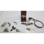 A collection of marcasite jewellery including silver and a lady's wristwatch