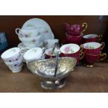 A Shelley Anemone teaset, six setting, a plated sugar basket and Trentham china part tea set
