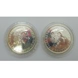 Two Britannia one ounce fine silver brilliant uncirculated £2 coins, 2013 and 2014
