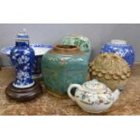 Three Chinese ginger jars lacking lids, a blue and white bowl, a/f, a blue and white vase with