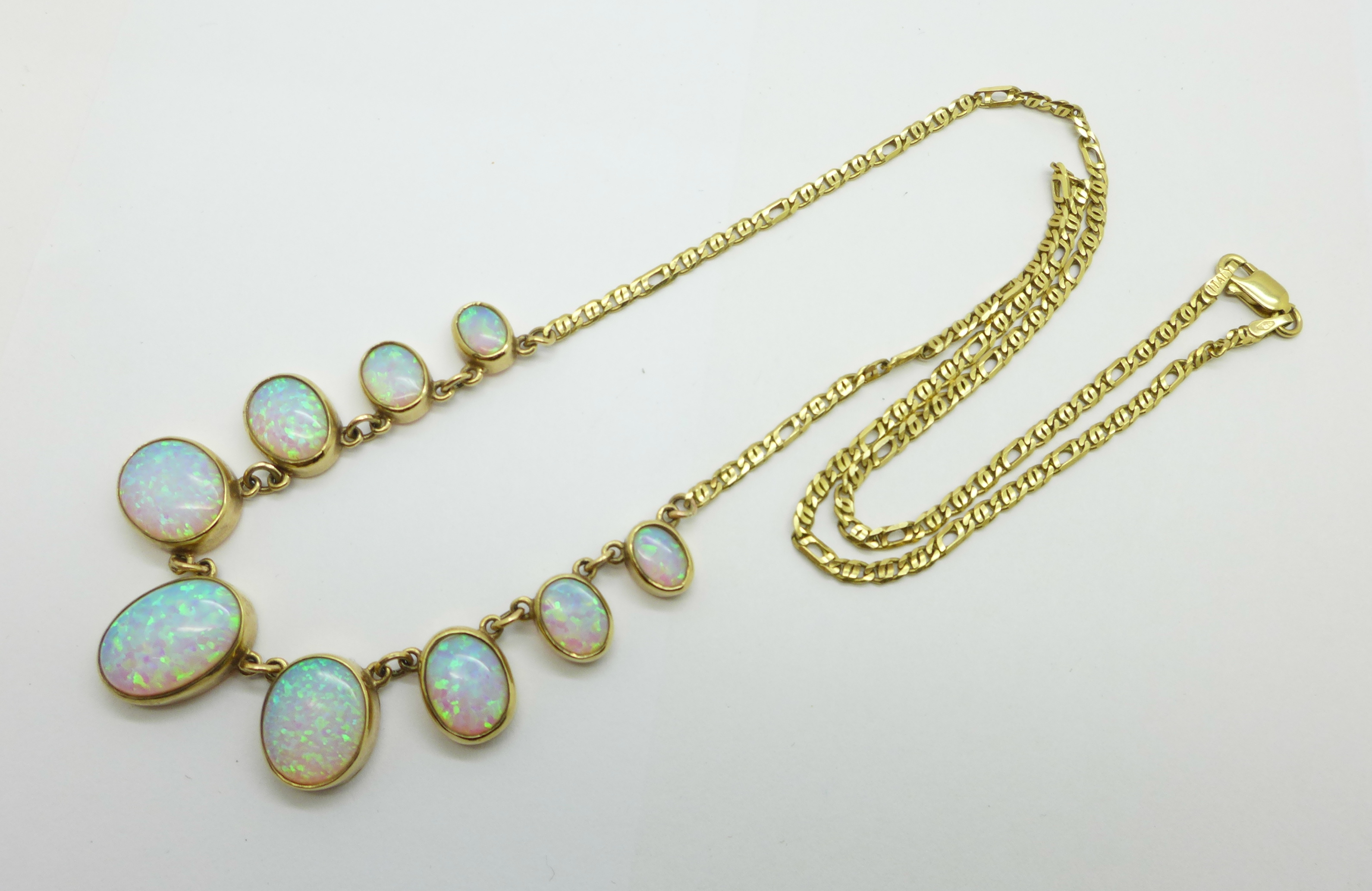 A 9ct gold and synthetic opal necklace, 13.9g