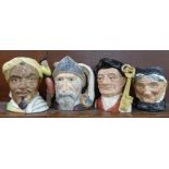 Four large Royal Doulton character jugs, Othello, Don Quixote, Gaoler and Granny