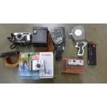 Two 8mm cameras, an Ensign E20 camera, a Kodak Instamatic 200, Boots autocube, a Canon Power Shot,