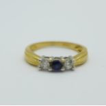 An 18ct gold, white stone and sapphire ring, 3.5g, O