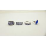 Four 925 silver and tanzanite rings