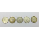 Five one shilling coins; 3x 1937, 1938 and 1942