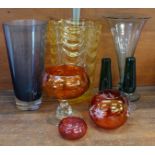 Coloured glass vases including a trumpet vase, ruby glass and a lemon yellow vase (8)