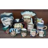 Two large and six other Royal Doulton character jugs, (Dick Turpin a/f, North American Indian a