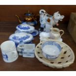 Two Ridgways small blue and white tureens with covers, two figural match strikes, a lustre teapot,