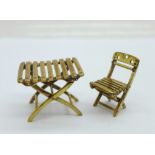 A novelty 925 silver gilt miniature dolls house folding garden table and chair, table 26mm x 33mm,