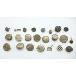 A collection of buttons and studs, including a hallmarked late Victorian silver initial stud