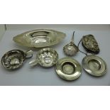 An Art Deco dish marked 925, a silver purse a/f, a white metal spoon, etc.