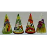Four Wedgwood Clarice Cliff shakers, Delicia Pansies, House and Bridge, Cornwall and Windbells,