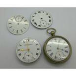 A base metal pocket watch, a/f no button and dial damaged, an Acme Lever watch movement and two