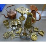 A copper kettle and brass trivet, other brass and copper including two large jugs **PLEASE NOTE THIS
