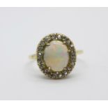 A yellow metal, opal and old cut diamond cluster ring, 3.1g, N, opal a/f, mark worn