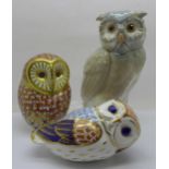 Two Royal Crown Derby paperweights 'Barn Owl' (1996), designed by John Ablitt, 12cm, a sitting 'Owl'