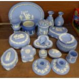 A collection of Wedgwood Jasperware, vases, pin dishes, oval plate, candlestick, etc., (27)