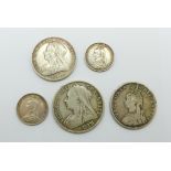Five Victorian silver coins, with 'veiled head', 41.3g