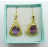 A pair of 9ct gold and amethyst earrings, 2.6g