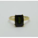 A 9ct gold, dark green tourmaline solitaire ring, 1.9g, N