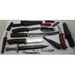 A collection of pocket knives, an Army pocket knife, a/f, a bayonet blade and three Swedish