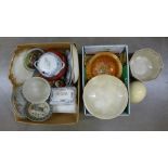Two boxes china including Palissy, a carnival glass dish and an ostrich egg **PLEASE NOTE THIS LOT