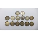 Fourteen Victorian silver shillings, 77.4g, one drilled, four with die numbers