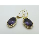 A pair of 9ct gold, amethyst and diamond pendant earrings, 4.1g, amethysts approximately 8mm x 11mm