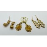 Two pairs of 9ct gold earrings, 3.5g, and a pair of 14ct rolled gold earrings with cabochon stones
