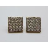 A pair of square 9ct gold earrings set with 25 white stones, 5.4g, 14mm x 14mm