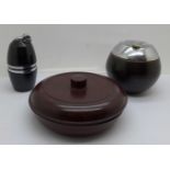 A Poppell table lighter, a Bakelite ashtray and a Bakelite lidded pot