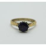 A 9ct gold, sapphire solitaire ring, 2.6g, L, a/f