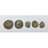 A William III sixpence and four other hammered silver coins, a/f