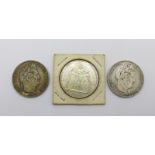 Two 5 Francs coins, 1833 and 1839, and a 1965 10 Francs coin