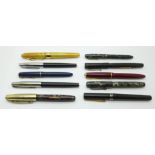 Ten fountain pens; Parker Junior Duofold with 14ct gold nib, Burnham No.54 with 14ct gold nib,