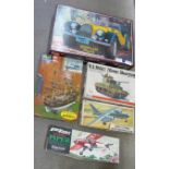 Five model kits; LS Morgan Plus8, Bandai Sherman, Revell H.M.S. Bounty, Airfix Ilyushin I.L.28 and