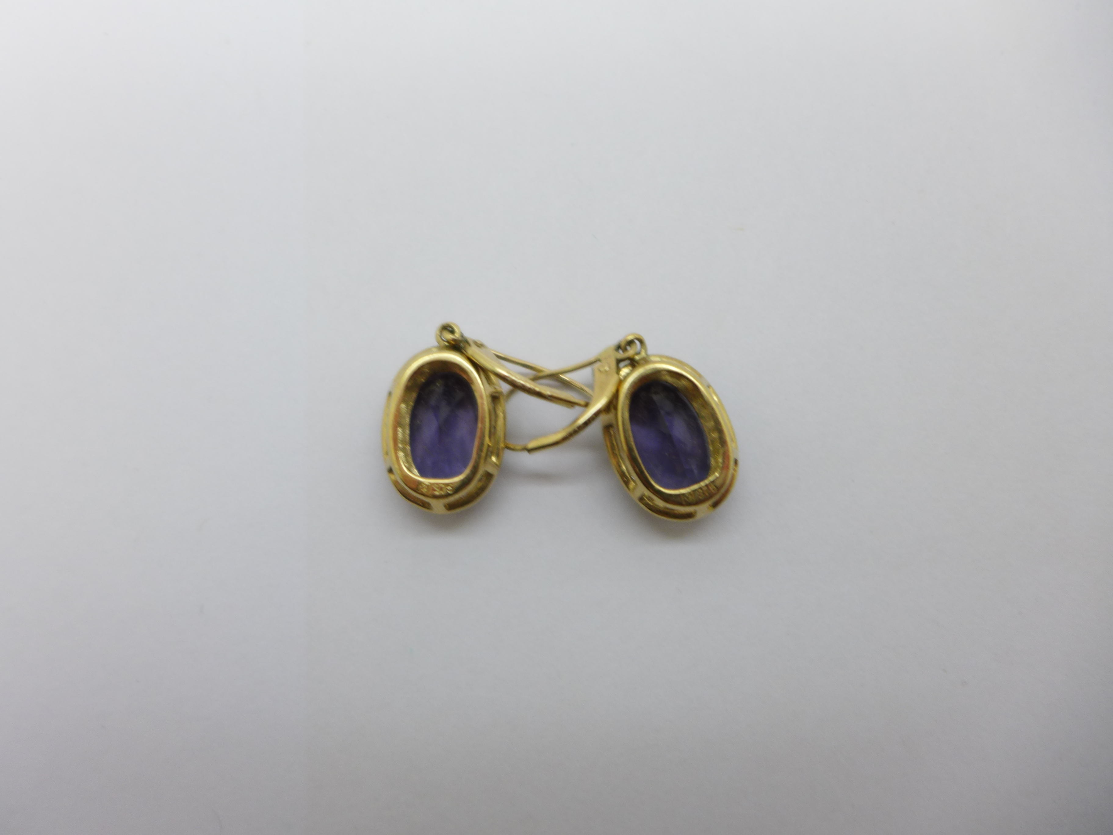 A pair of 9ct gold, amethyst and diamond pendant earrings, 4.1g, amethysts approximately 8mm x 11mm - Image 3 of 3