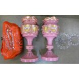 Two pink glass lustres with drops and a glass epergne, a/f**PLEASE NOTE THIS LOT IS NOT ELIGIBLE FOR