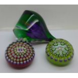 A limited edition Caithness Dewdrop paperweight, boxed, and two Peter McDougall glass paperweights