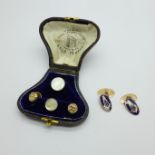 A pair of 9ct gold Masonic cufflinks, with initials, 8.3g, and a cased set of gold fronted Masonic