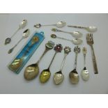 Seven silver and enamel items Canada souvenir spoons, one other silver spoon, four plated spoons and