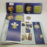 Three QEII Longest Reigning Monarch commemorative coins, a Memory of Princess Diana £5 coin and a