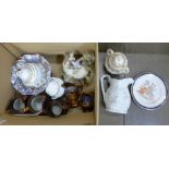 A Royal Doulton two handled bowl, two sugar basins and a lidded pot, lustre jugs and a Portmeirion