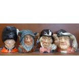 Four large Royal Doulton character jugs, The Guardsman, Rip Van Winkle, Mad Hatter and Gone Away